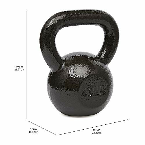 Black 45 lb kettlebell with dimensions shown