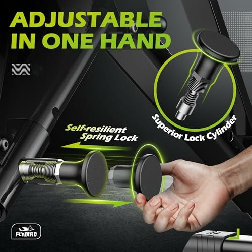 Illustration of an adjustable lock operated with one hand, featuring a self-resilient spring lock and superior lock cylinder.