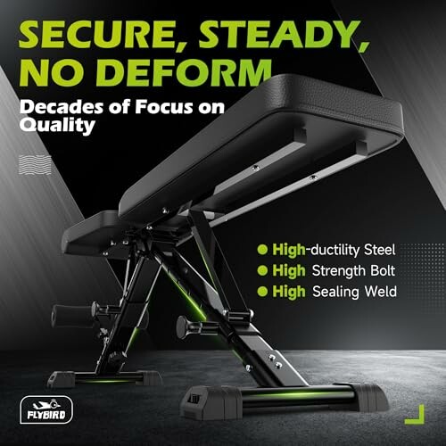 Adjustable weight bench with high-ductility steel, strength bolt, and sealing weld.