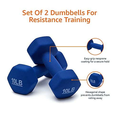 Two blue 10LB dumbbells for resistance training with easy-grip neoprene coating.