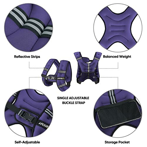 Weighted vest with adjustable straps, reflective strips, balanced weight, and storage pocket